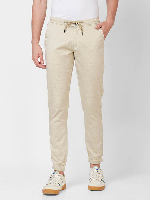 Giordano Beige Slim Fit Solid Mid Waist Cotton Joggers