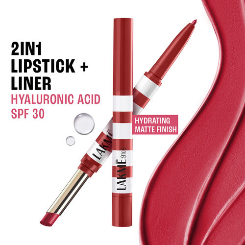 Lakme 9to5 Hya Beach Edit, Lipstick + Liner Duo, SPF 30, Hydrating Matte - Afterhours Red