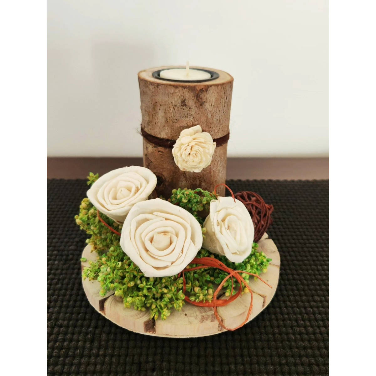 Forestkraft Multi-Color Elegant Candle Holder with Wooden Base, Floral Bunch & Bruce Ball