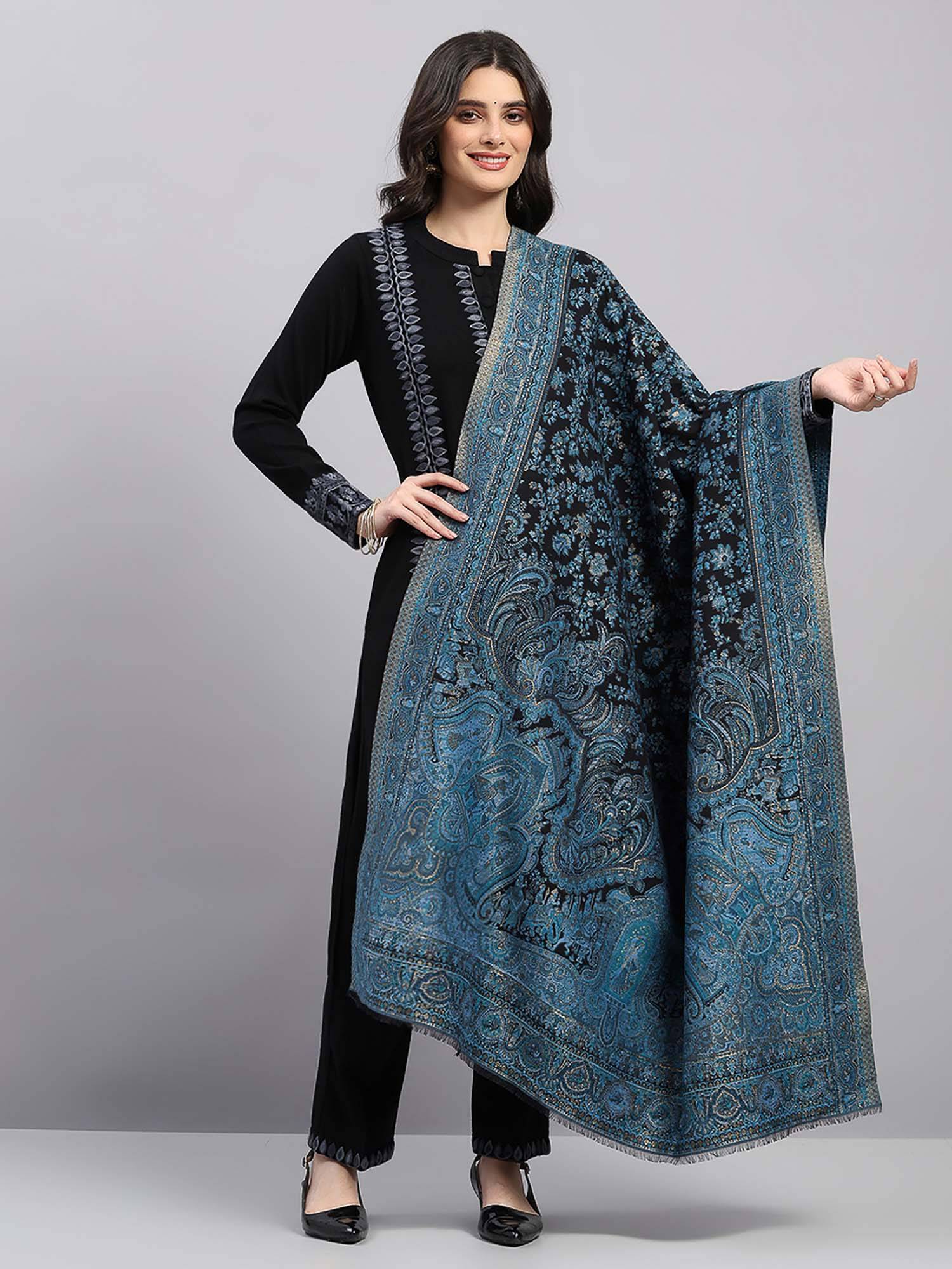 Monte Carlo Blue Women Woven Design Winter Shawl