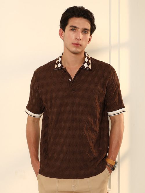 Buy Campus Sutra Men Brown Textured Polo T-Shirt Online - Main Image
