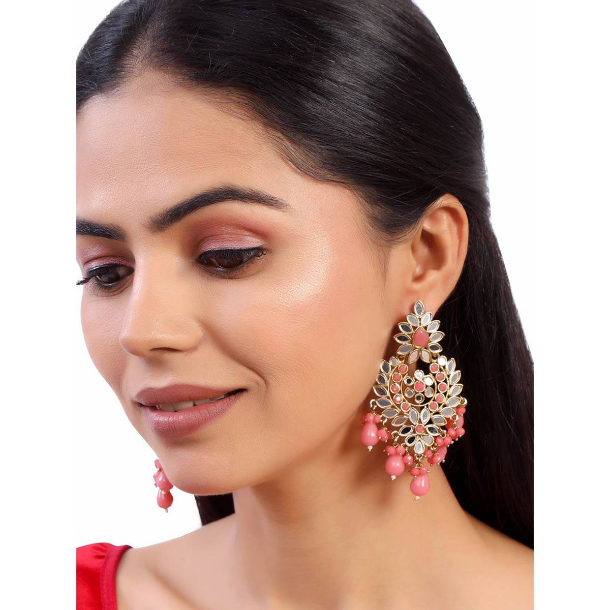 Accessher Gold Plated Handcut Mirrors Studded Chandelier Earrings with Pink Bead