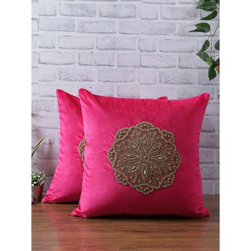 eyda Velvet Fuchsia Color Beaded Cushion Cover Set Of 2-18X18 Inch