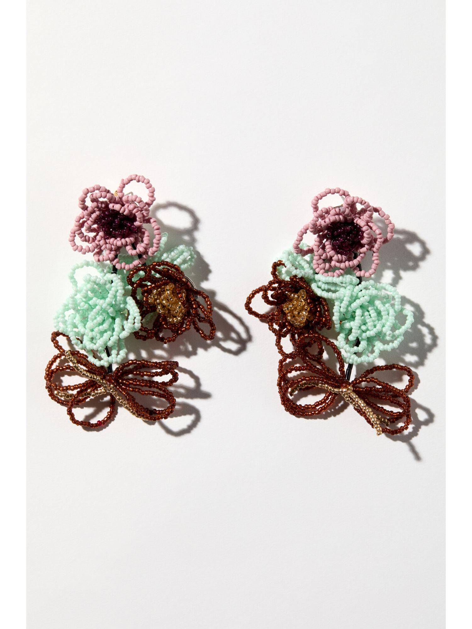 H&M Women Turquoise Beaded Floral-Motif Earrings