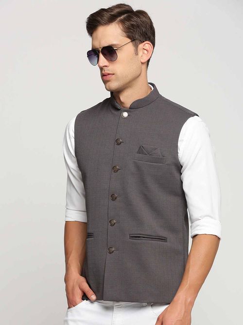 Buy SHOWOFF Men's Slim Fit Mandarin Collar Solid Grey Nehru Jacket