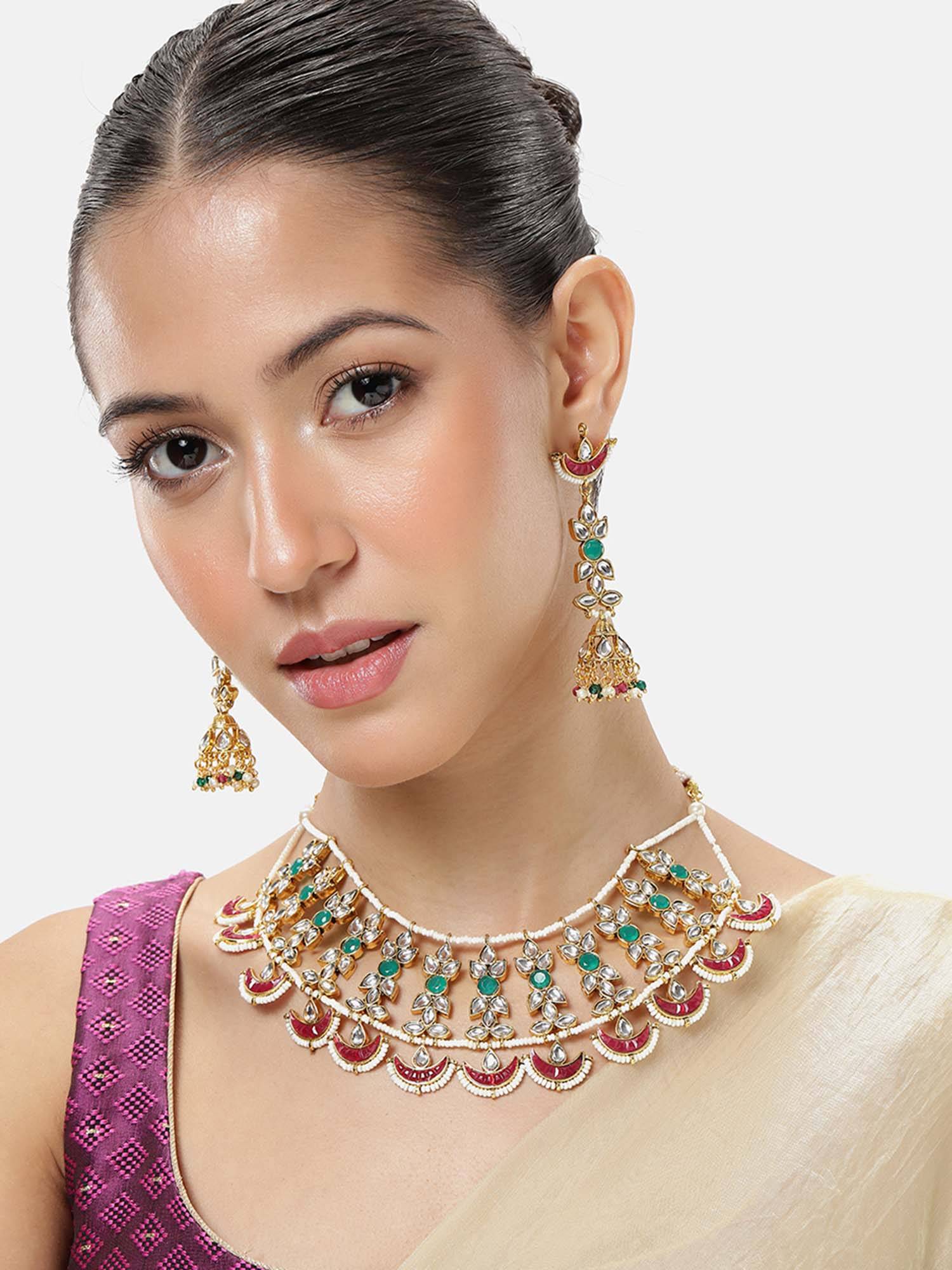 Peora Women Gold Plated Multi-Color Kundan Jewellery Set