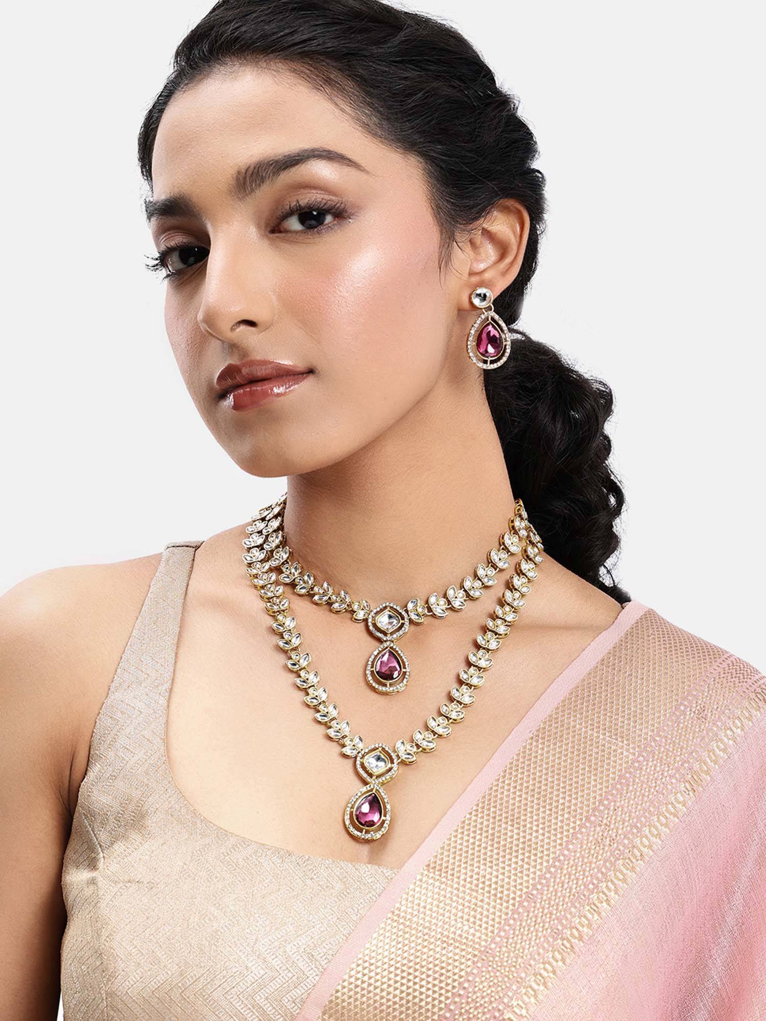 Peora Women Gold Plated Kundan Studded Two Layer Necklace Set