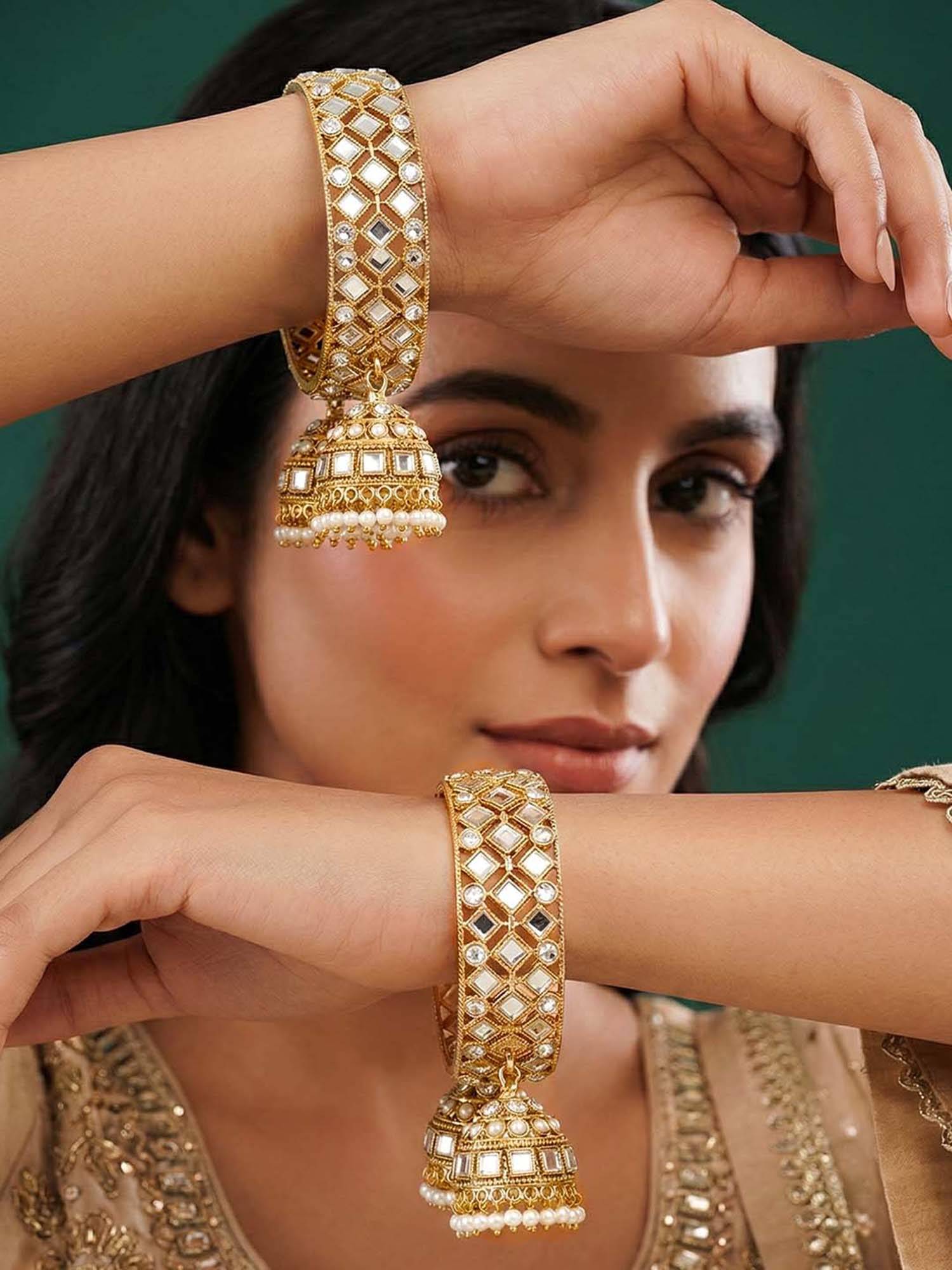 Peora Women Gold Plated White Crystals and Beads Latkan Bangles (2.6) (Pack of 2)