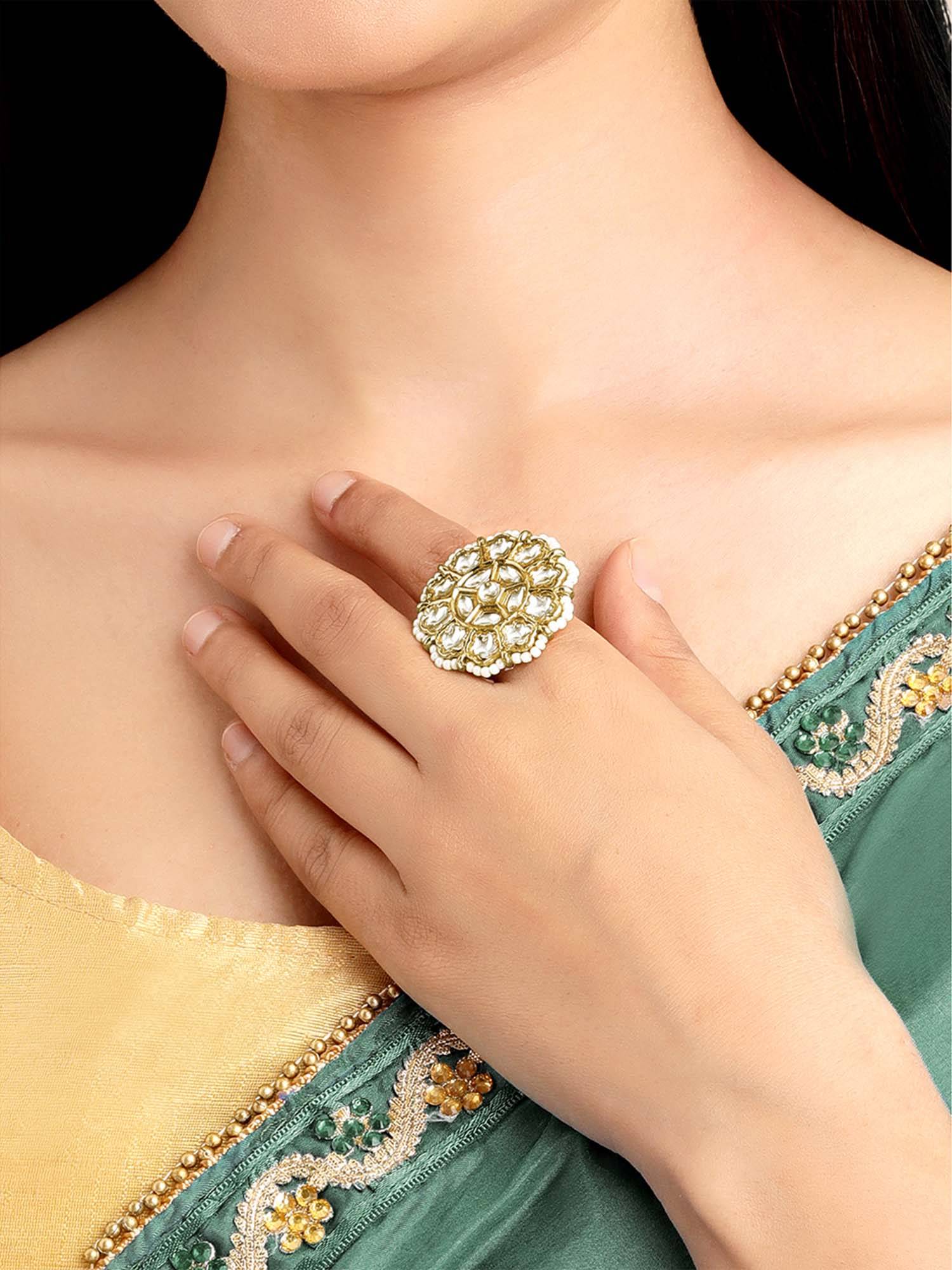 Peora Women Gold Plated White Kundan Ring