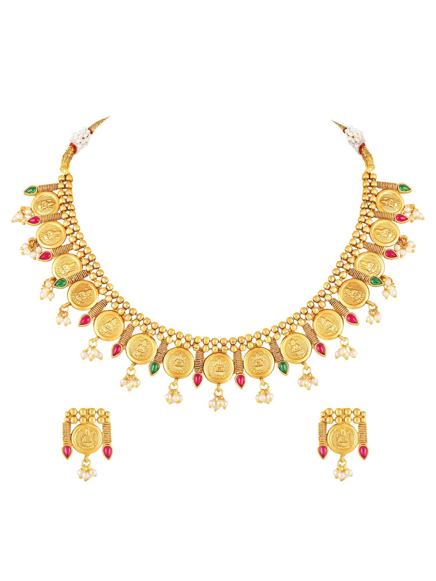 Peora Women Gold Plated Faux Ruby and Lariya Temple Jewellery Set