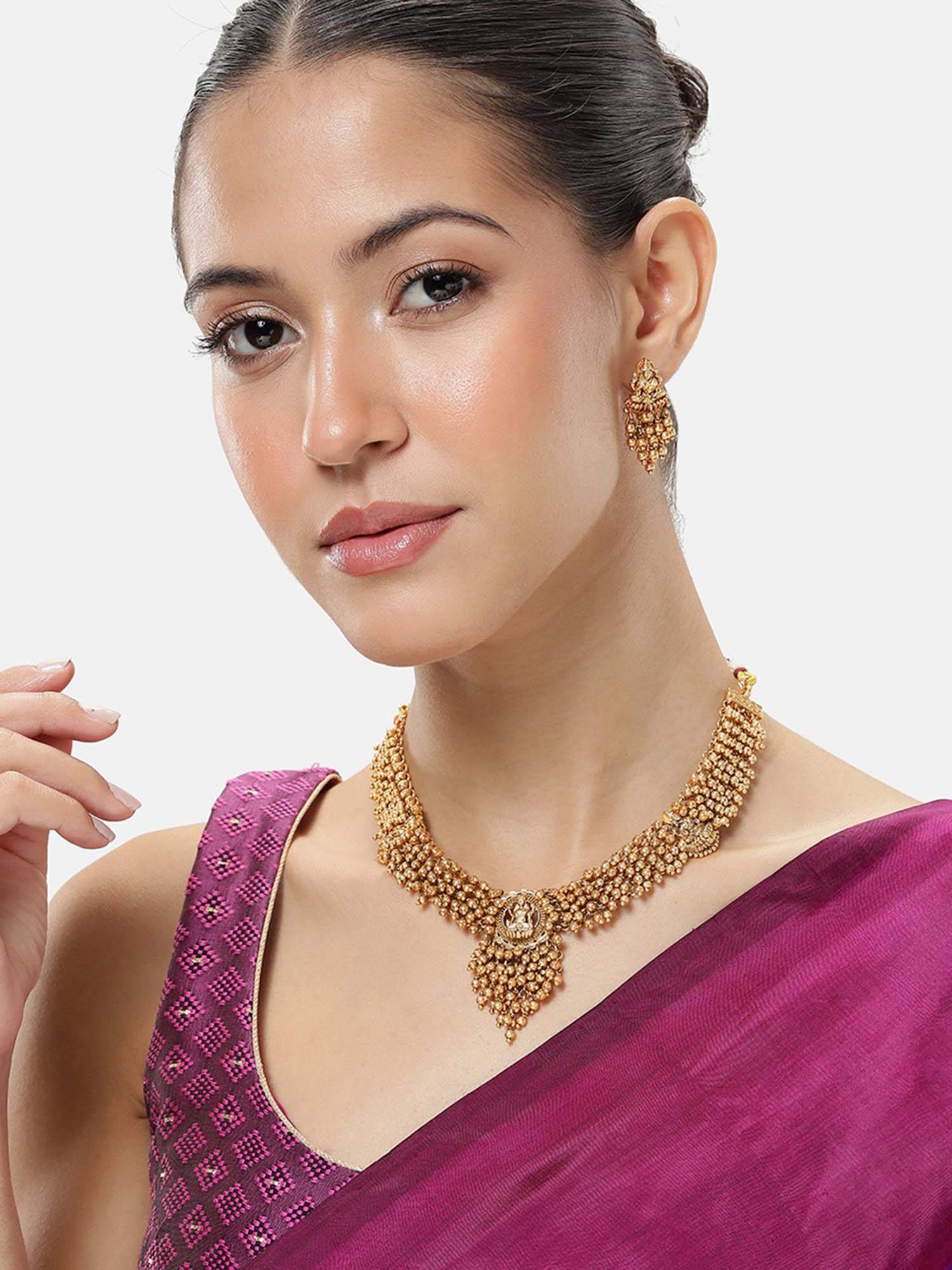 Peora Women Gold Plated Lakshmi Motif Temple Jewellery Set