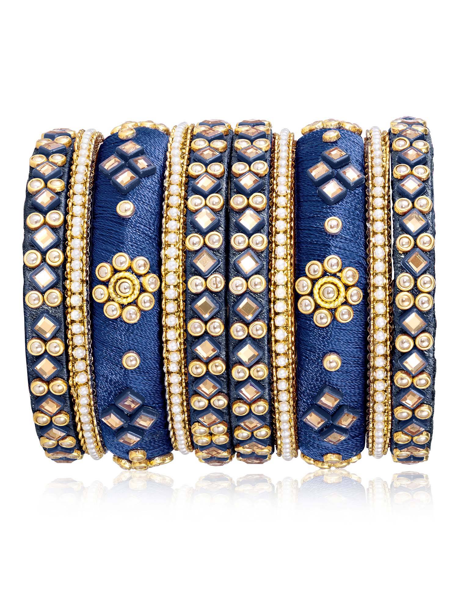 Peora Women Gold Plated Kundan Studded Blue Bangles (2.6) (Pack of 10)