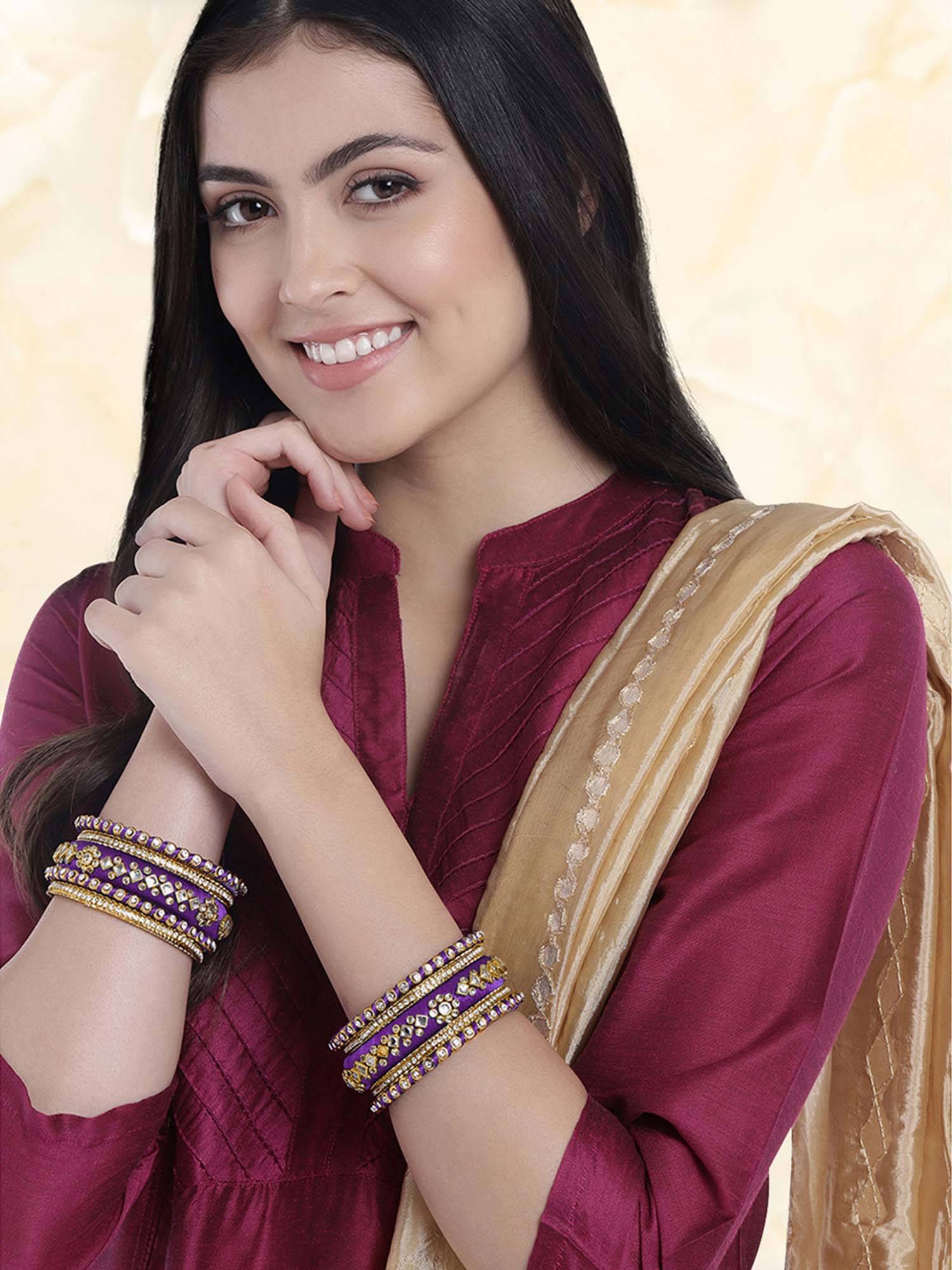 Peora Women Purple Gold Plated Kundan Studded Bangles (2.8) (Pack of 10)