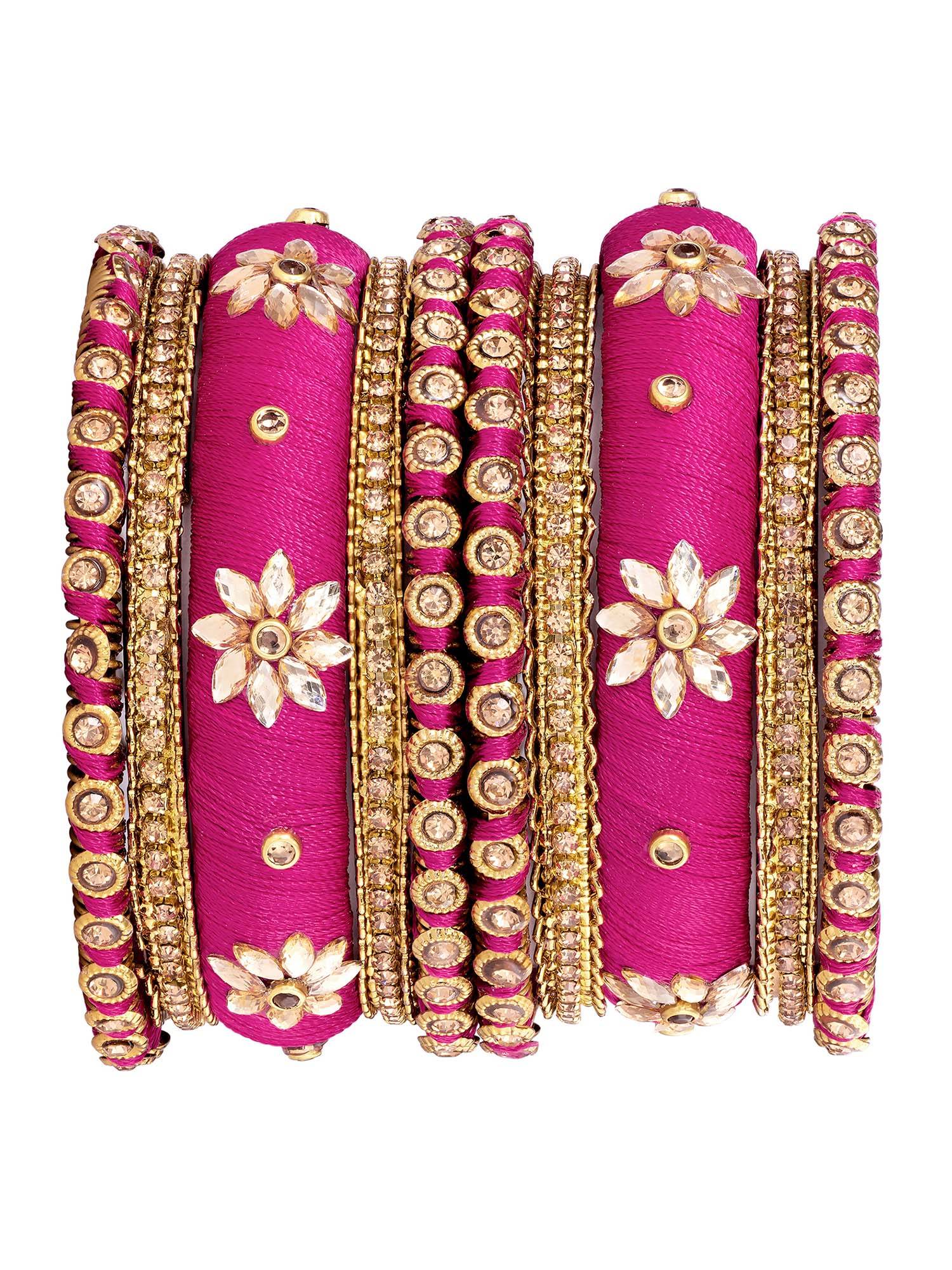 Peora Women Rani Pink Silk Thread and Stone Bangles (2.6) (Pack of 10)