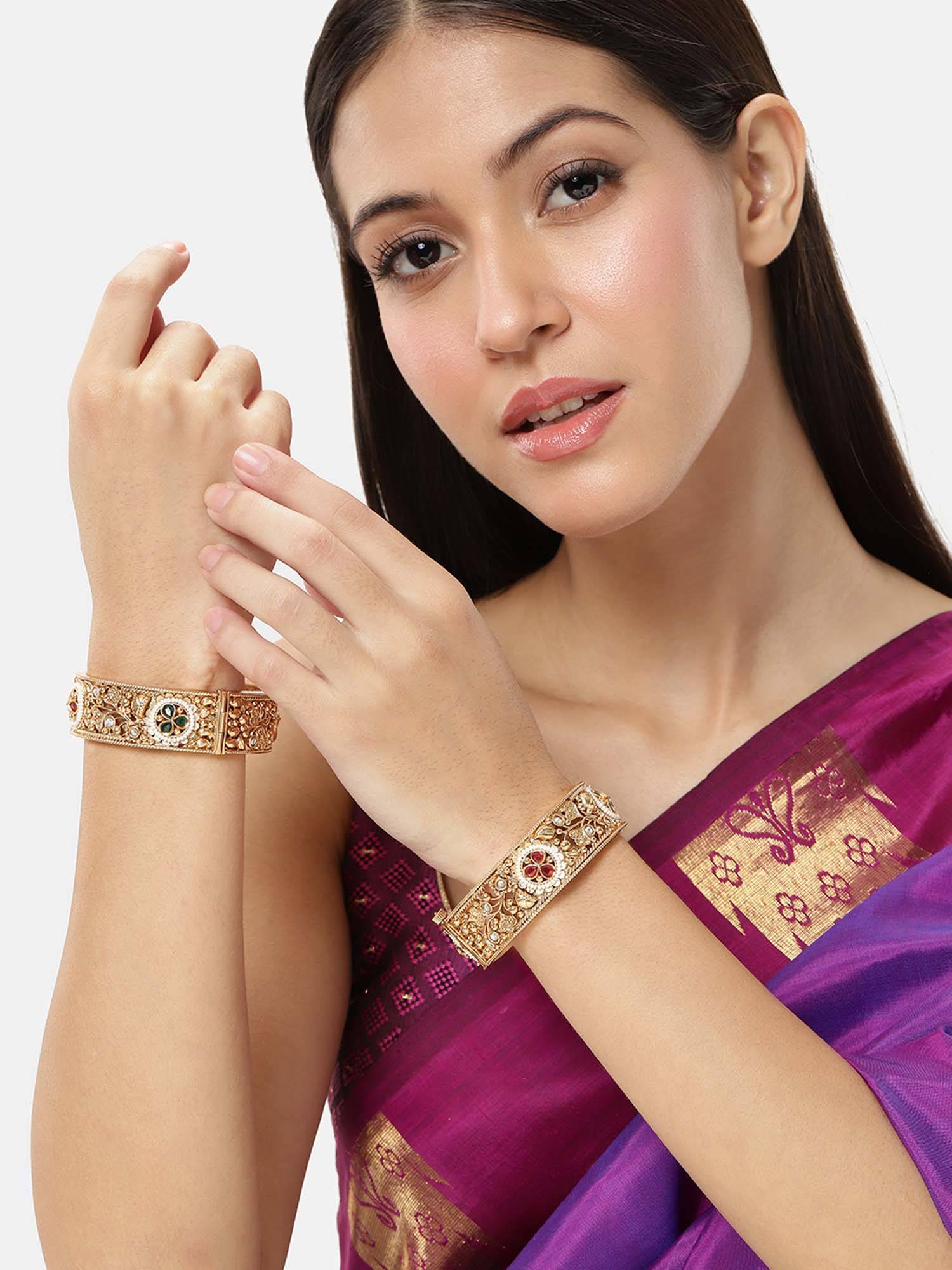 Peora Women Gold Plated Multi-Color Thick Kadas (2.6) (Pack of 2)