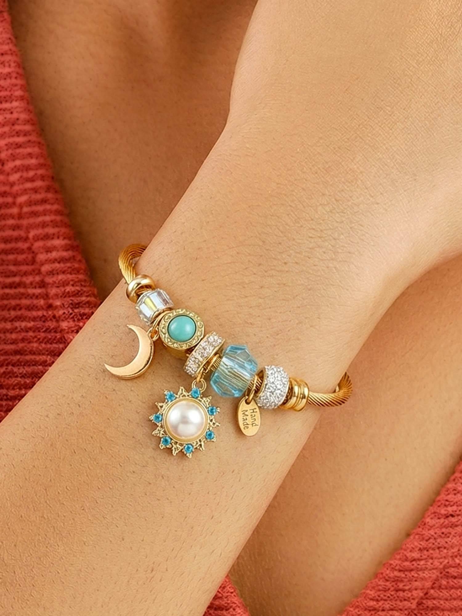 Peora Women Synthetic Blue Stone Studded Gold Plated Bracelet