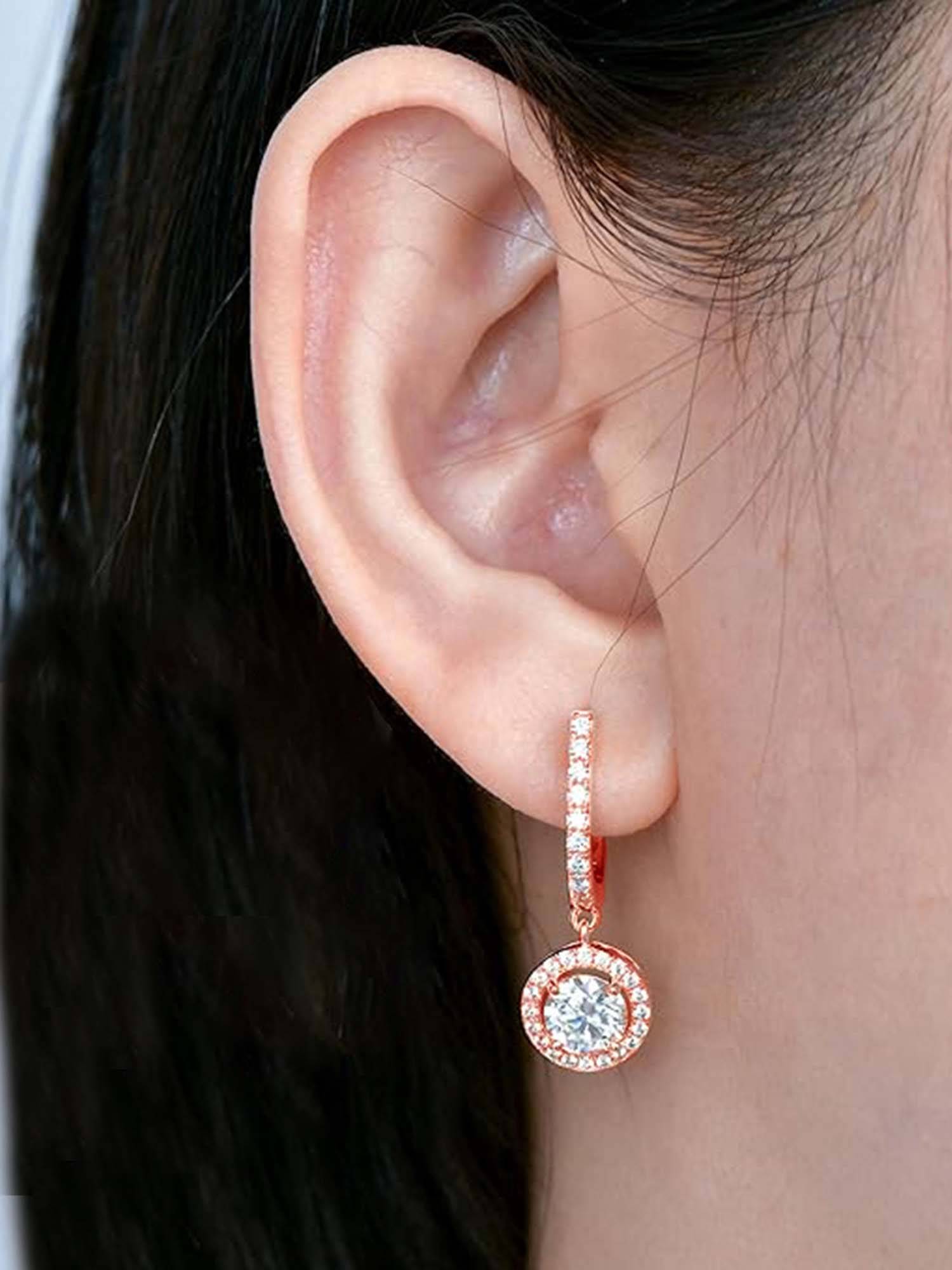 Peora Women Rose Gold Plated Cubic Zirconia and Crystal Drop Earrings