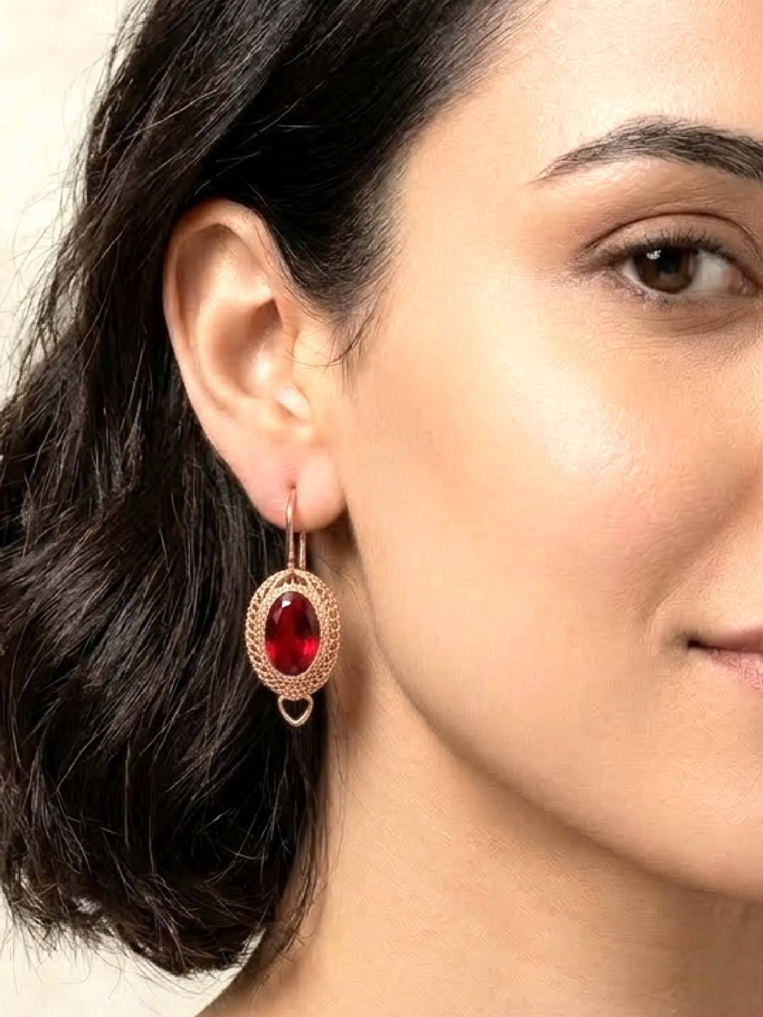 Peora Women Red Stylish Rose Gold Plated Drop Earrings