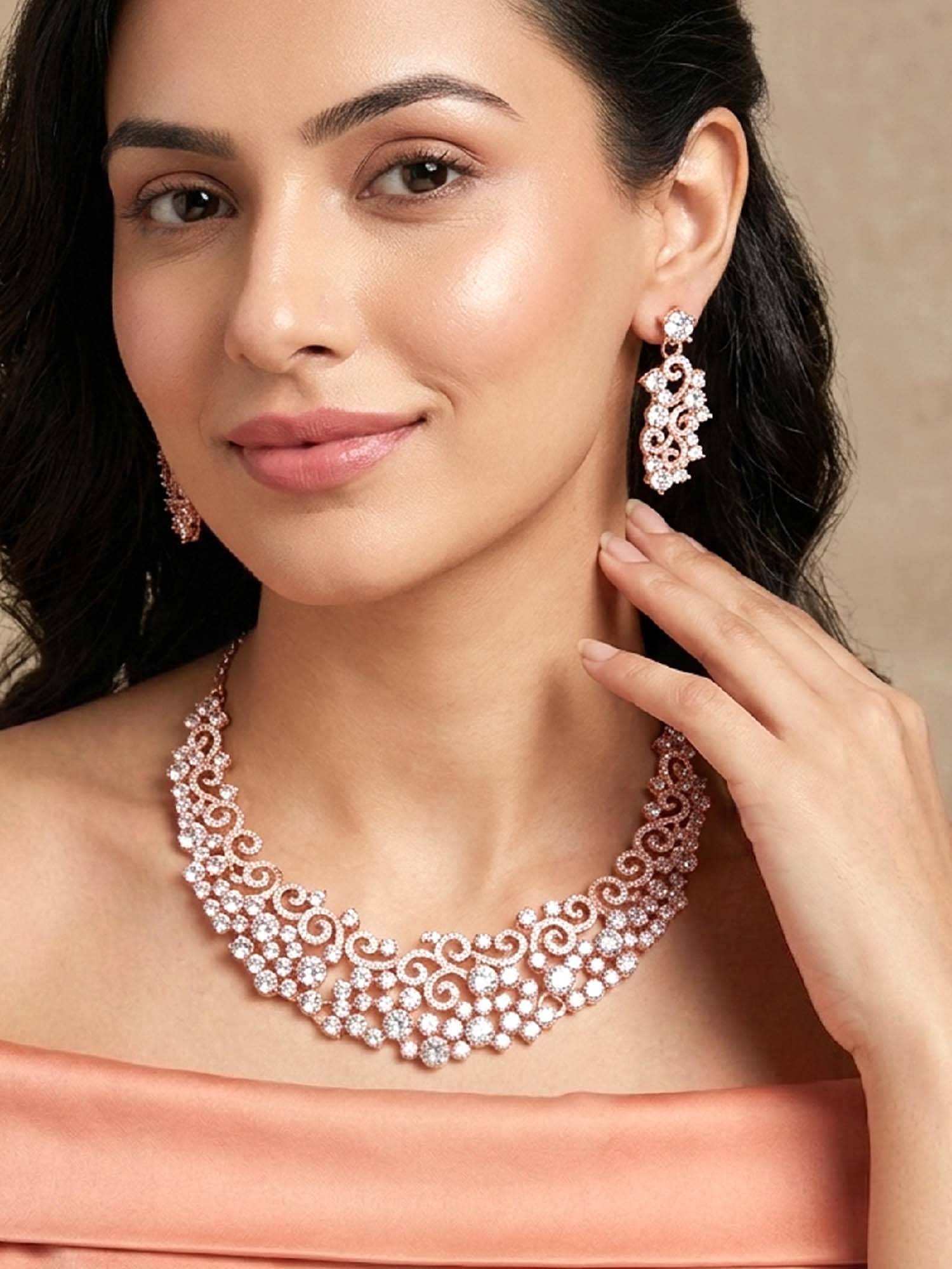 Peora Women White Stone Studded Rose Gold Plated Jewellery Set