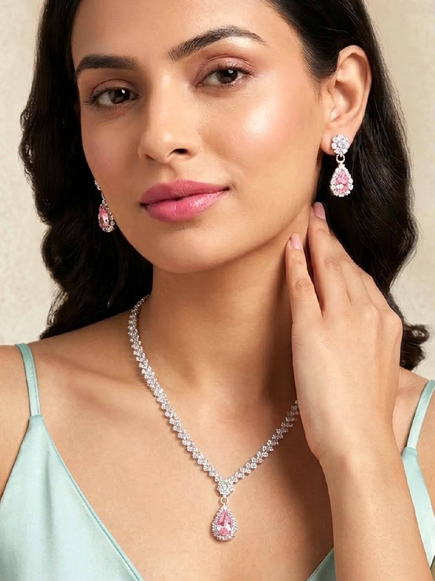 Peora Women Pink Stone Studded Jewellery Set