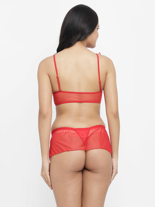 Buy N-Gal Women's Erotic Lace Ruffle Neck Bra Short Side Slit Skirt with  G-String Set - Red Online