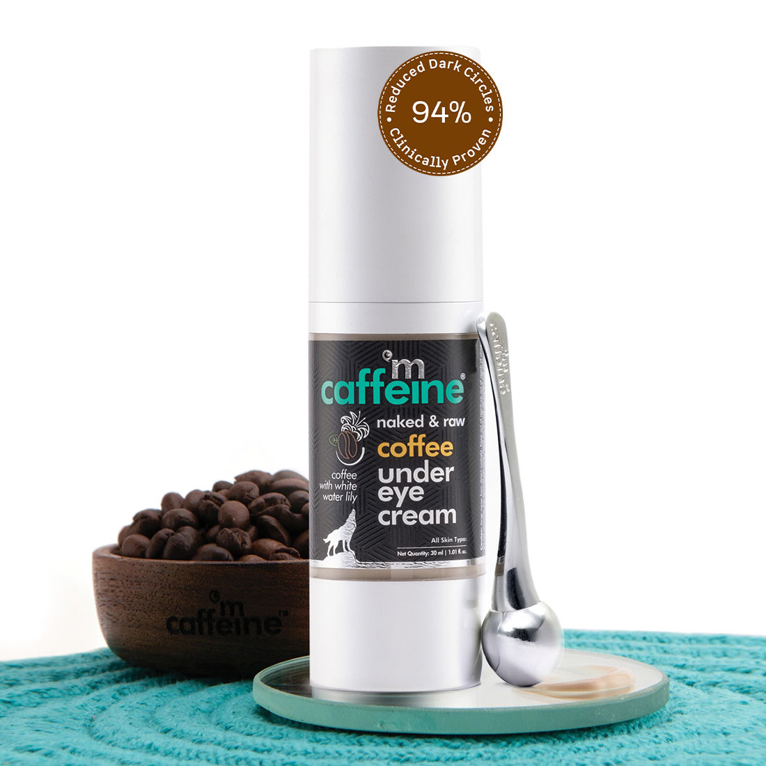 MCaffeine Naked and Raw Coffee Under Eye Cream - Relieves Dark Circles with Free Under Eye Roller