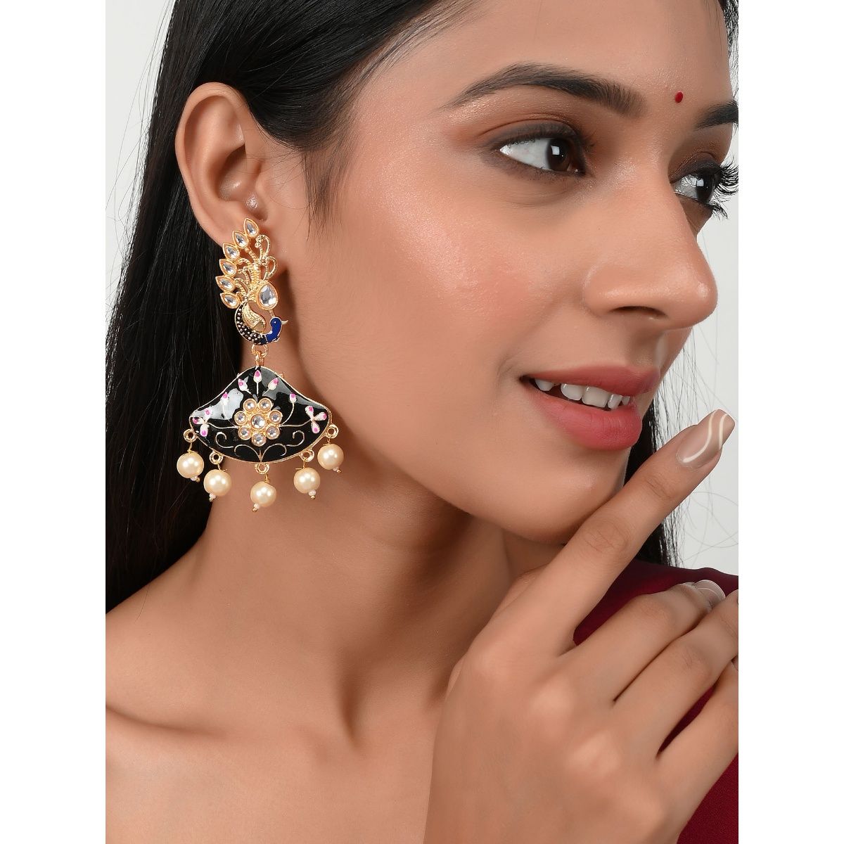 18K Gold Plated Intricately Designed Traditional Meenakari Earrings Glided With Kundans & Pearls