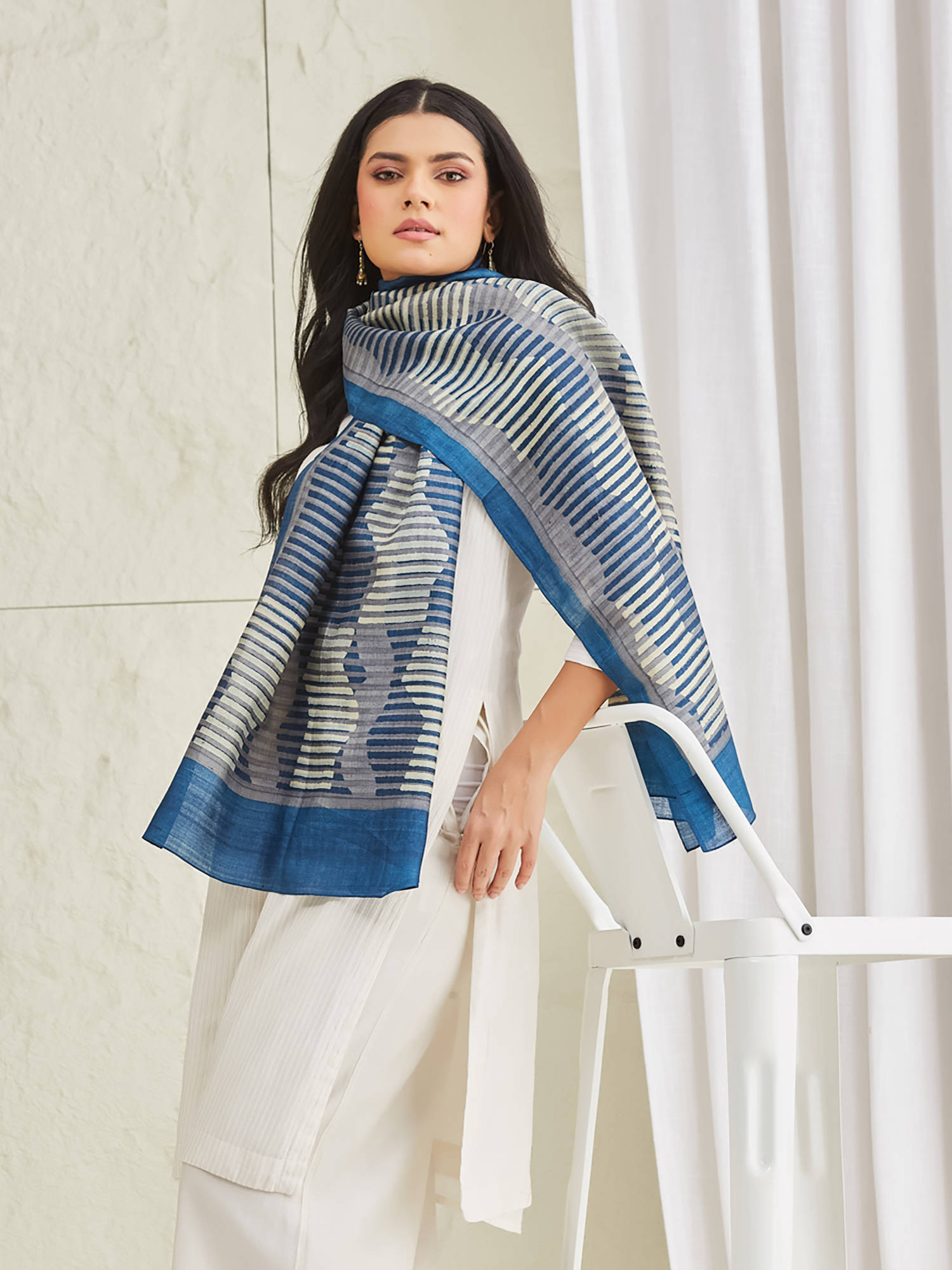 Fabindia Womens Blue Silk Symphony Hand Block Print Stole
