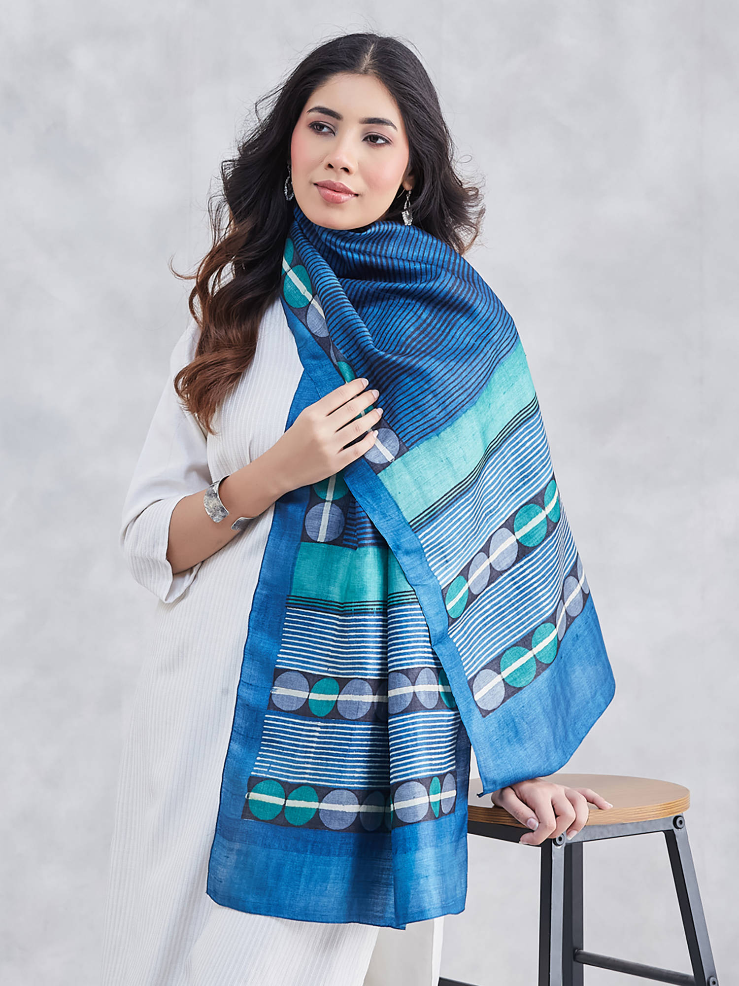 Fabindia Womens Blue Silk Hand Block Printed Stole
