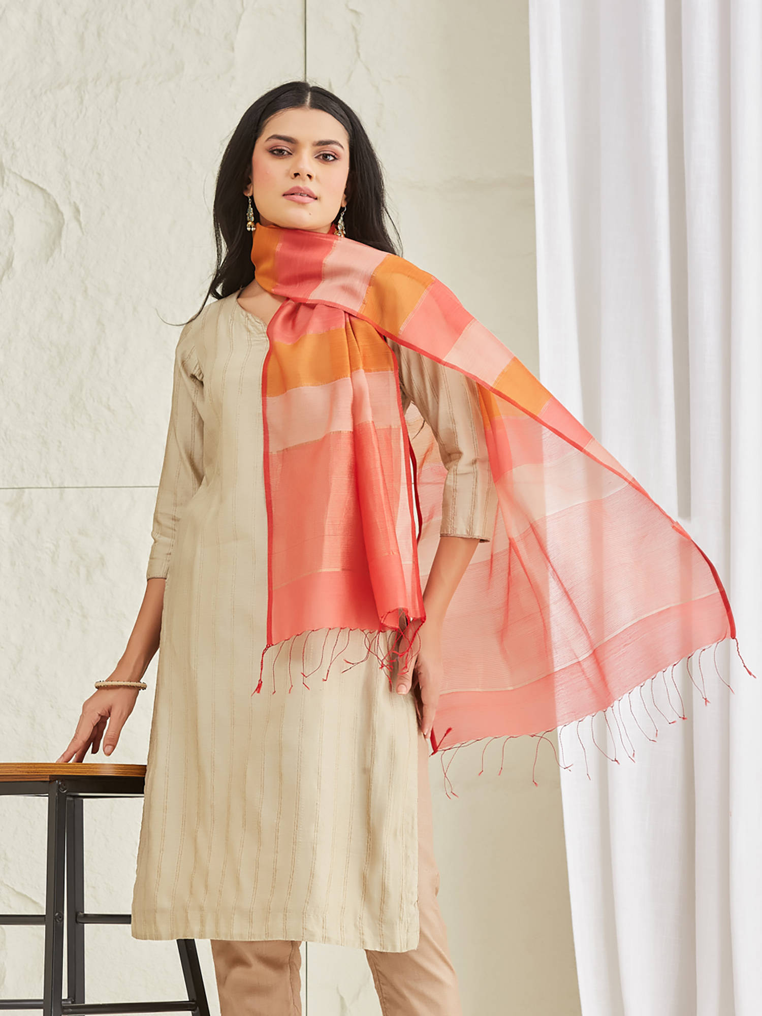 Fabindia Womens Multi-Color Viscose Silk Blend Hand Woven Stole