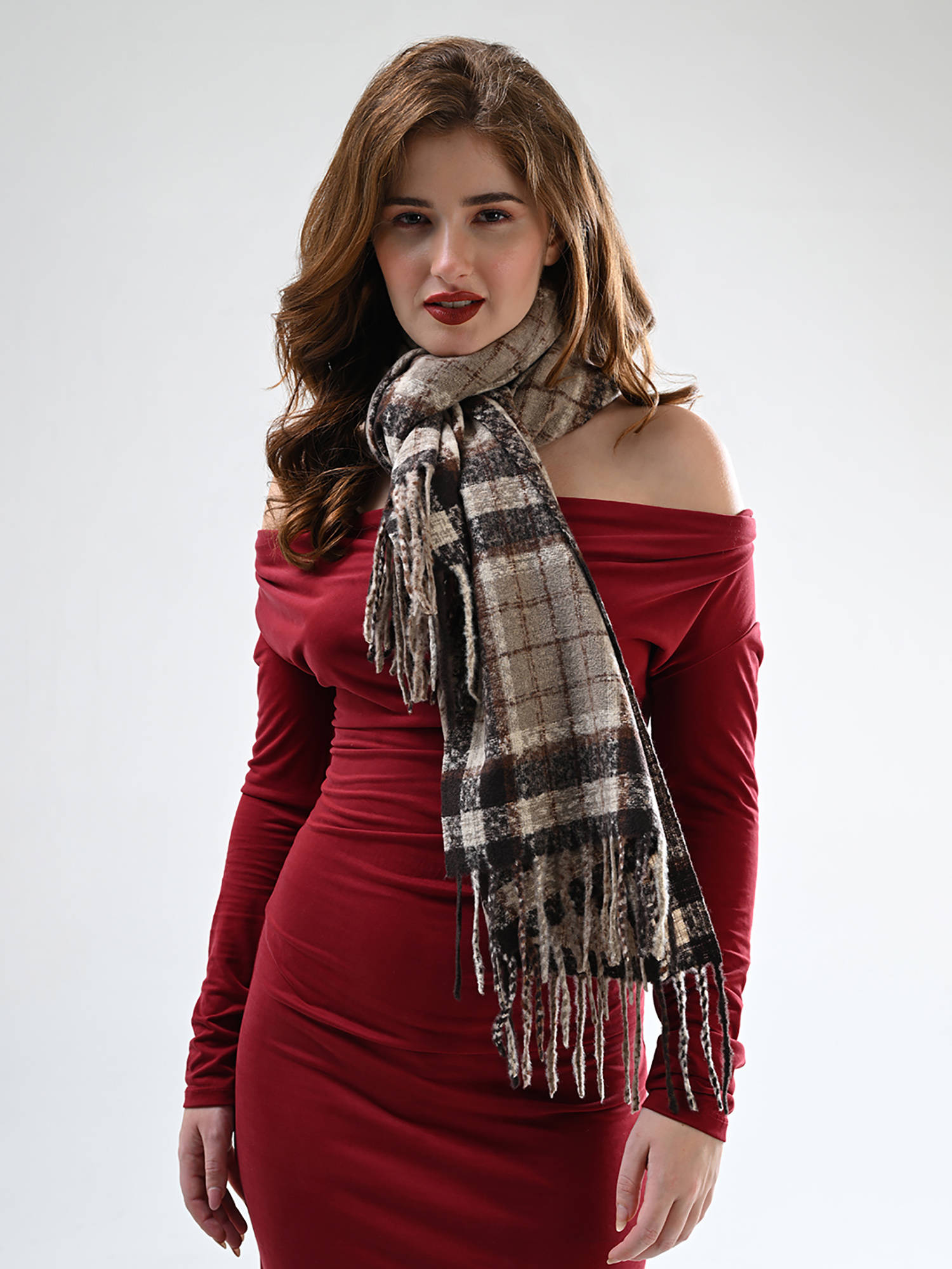 CAZZANO Womens Checks Stripes Beige Shawl