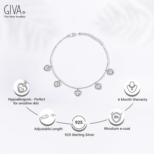 Giva Sterling Silver Tiny Heart Charm Bracelet For Women(Adjustable)