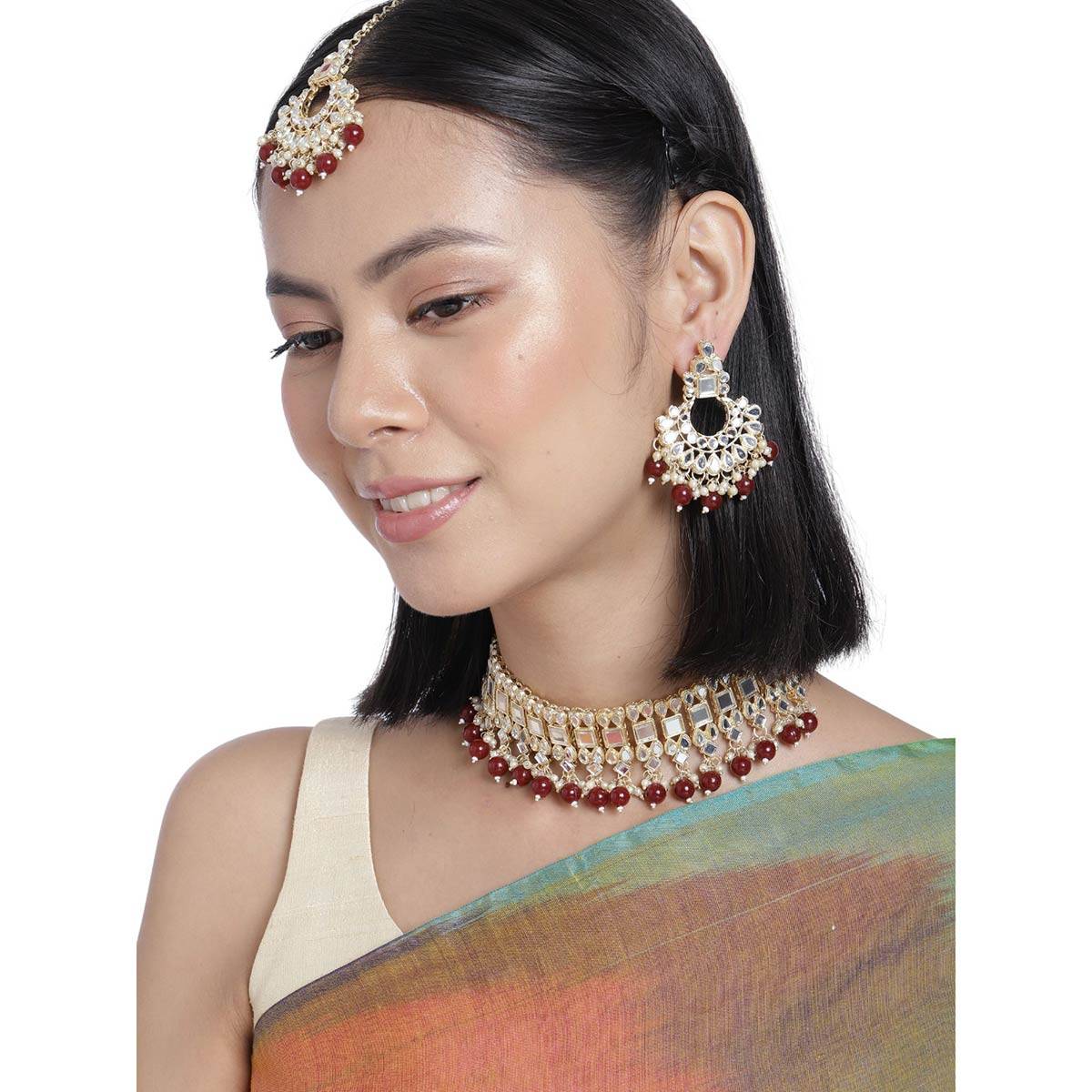 Accessher Gold Toned Kundan Red-White Enamel Jewellery Set Mirror with Pearls-Beads