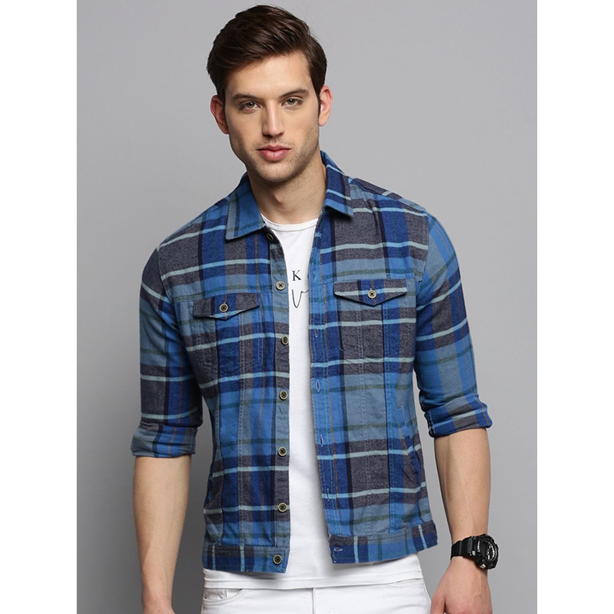 SHOWOFF Men's Spread Collar Checked Blue Open Front Jacket (2XL)