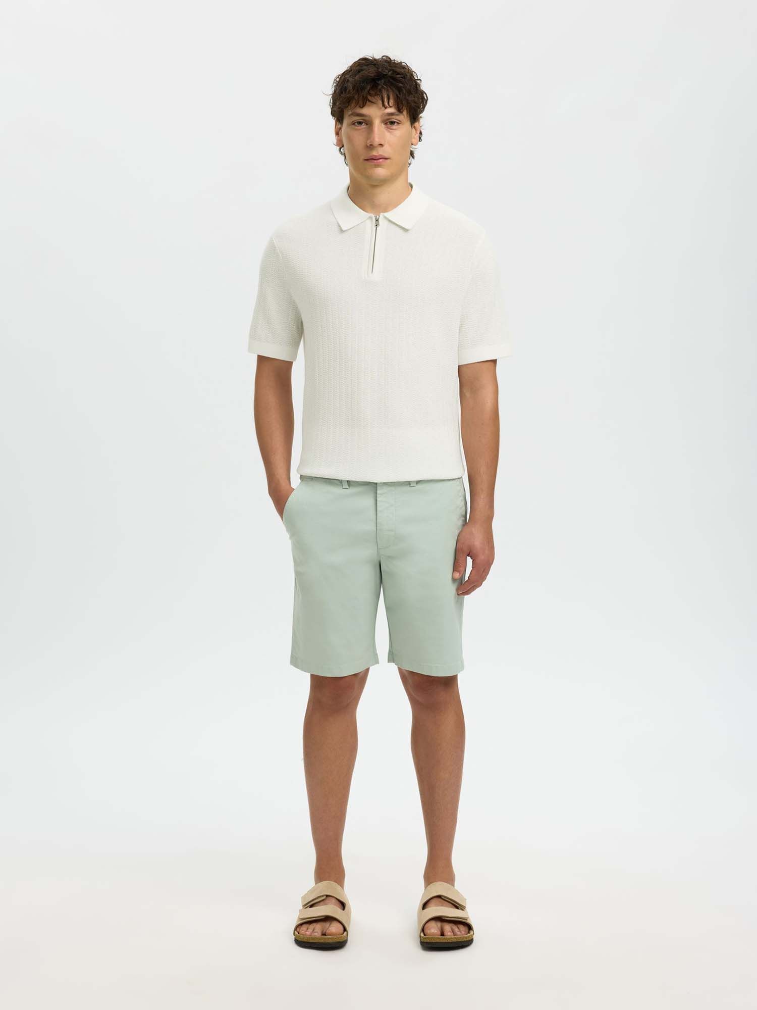 Buy Selected White Structured Knitted Zip Polo T-shirt Online
