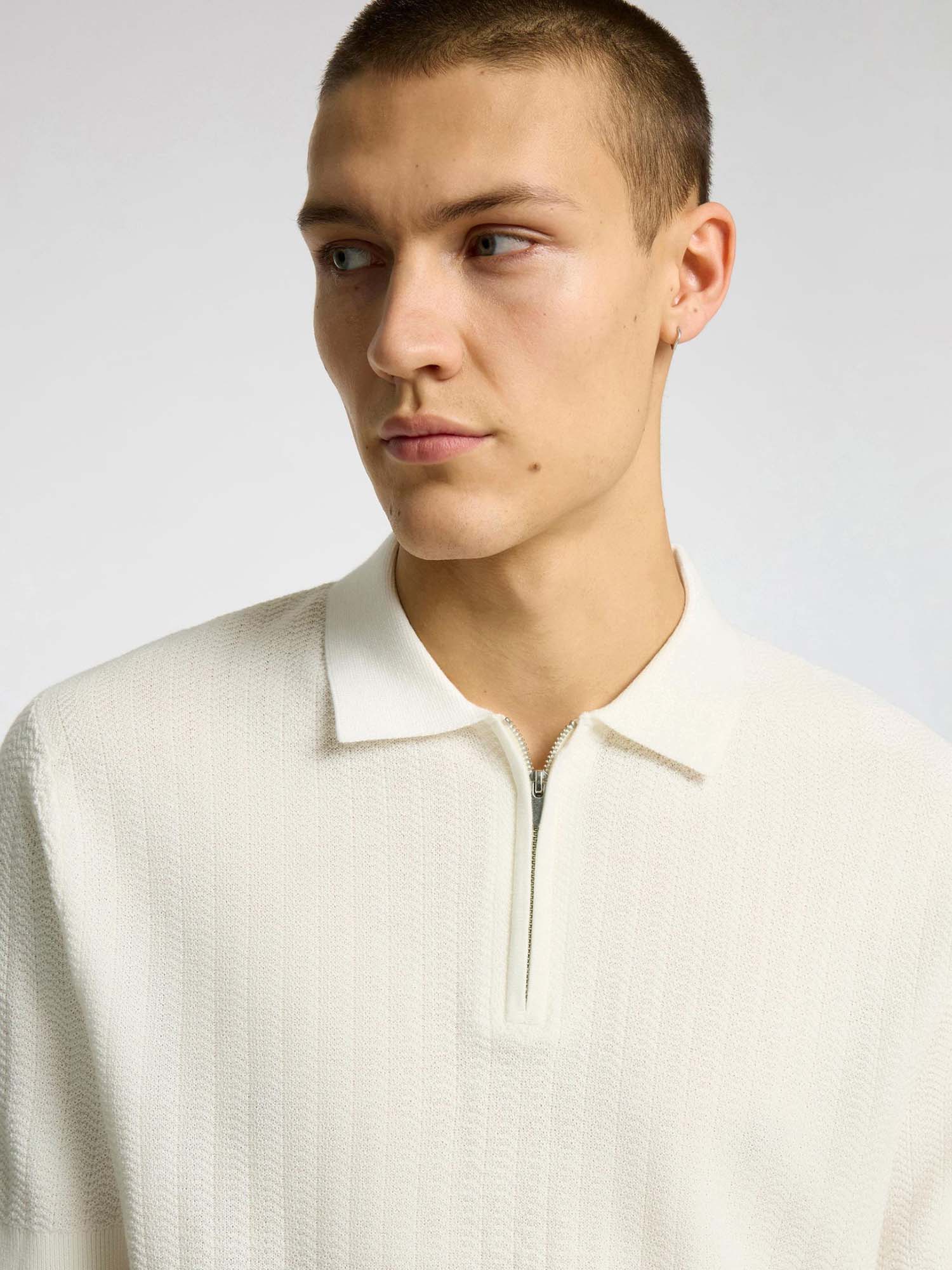 Buy Selected White Structured Knitted Zip Polo T-shirt Online