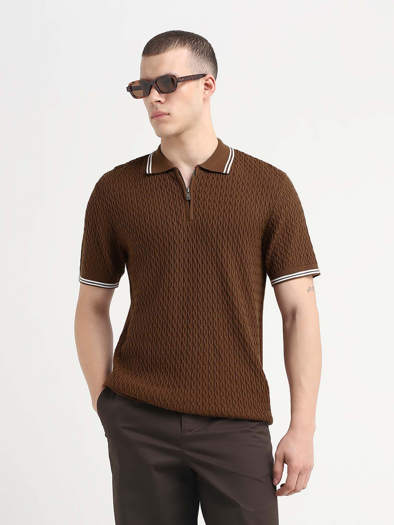 Buy Selected Brown Men Structured Knitted Zipper Polo T-shirt Online
