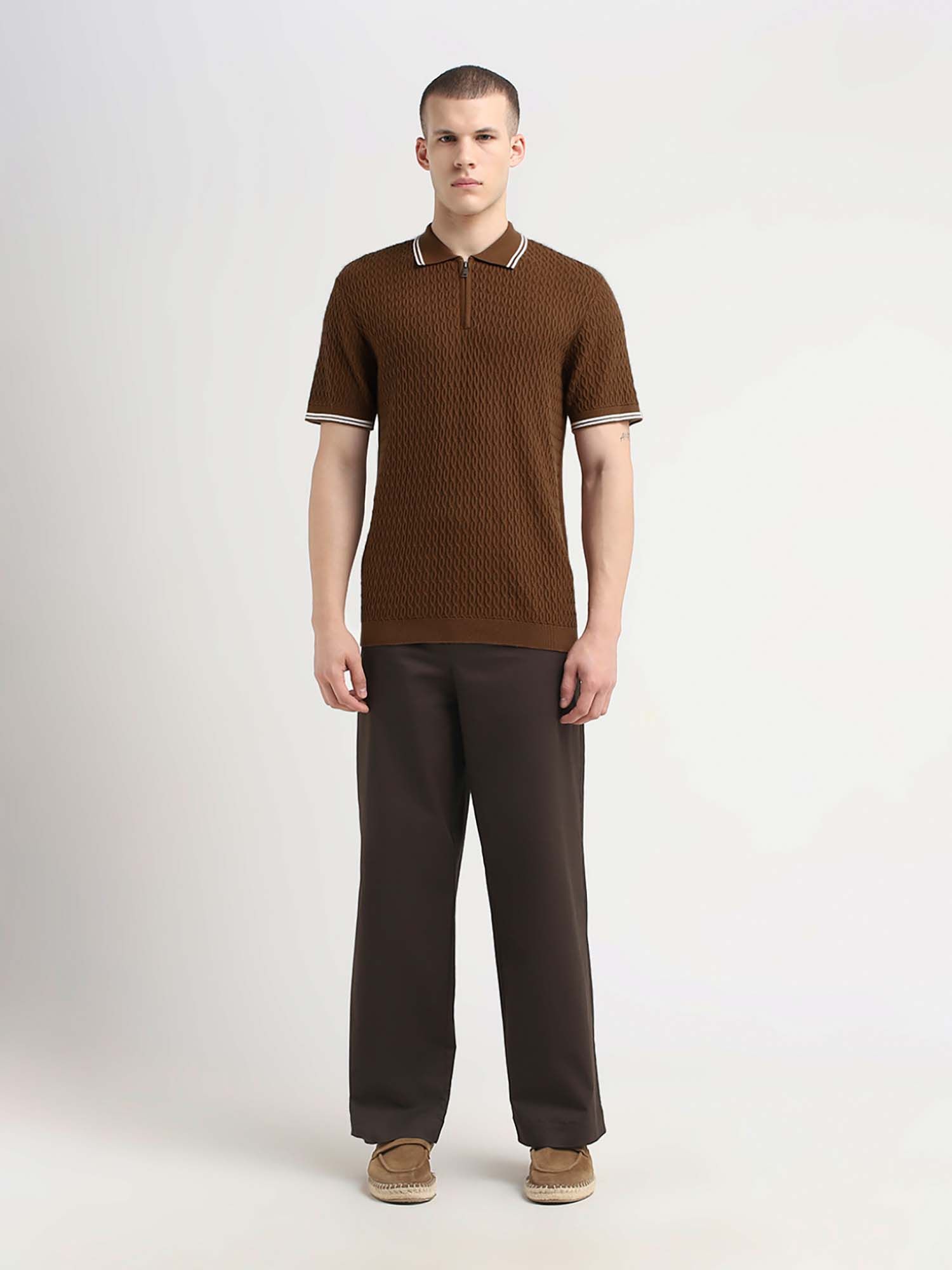 Buy Selected Brown Men Structured Knitted Zipper Polo T-shirt Online