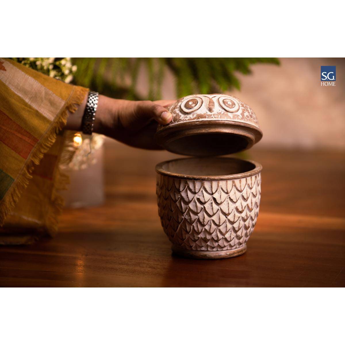 SG Home White Wooden Owl Storage Jar
