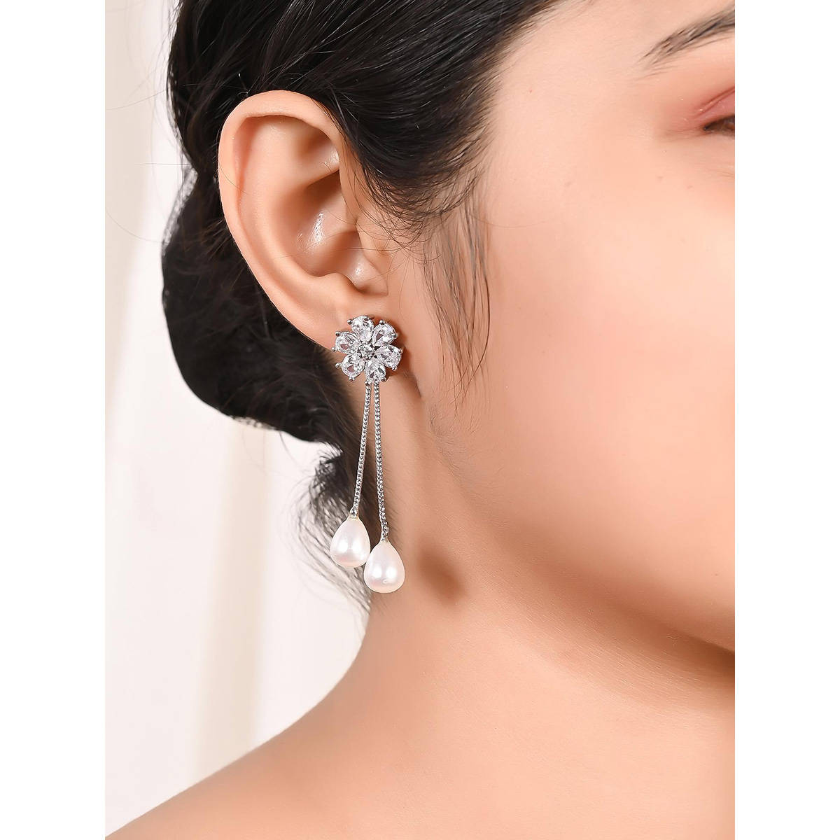 Ratnavali Jewels American Diamond CZ Silver Plated White Dangle Drop Removable Pearl Stud Earrings