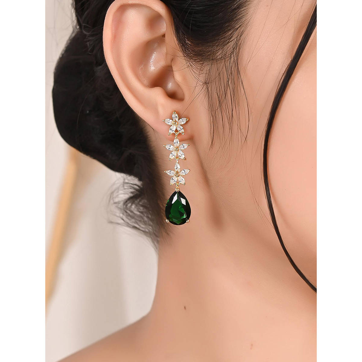 Ratnavali Jewels American Diamond CZ Gold Plated Green Dangle Drop Earrings