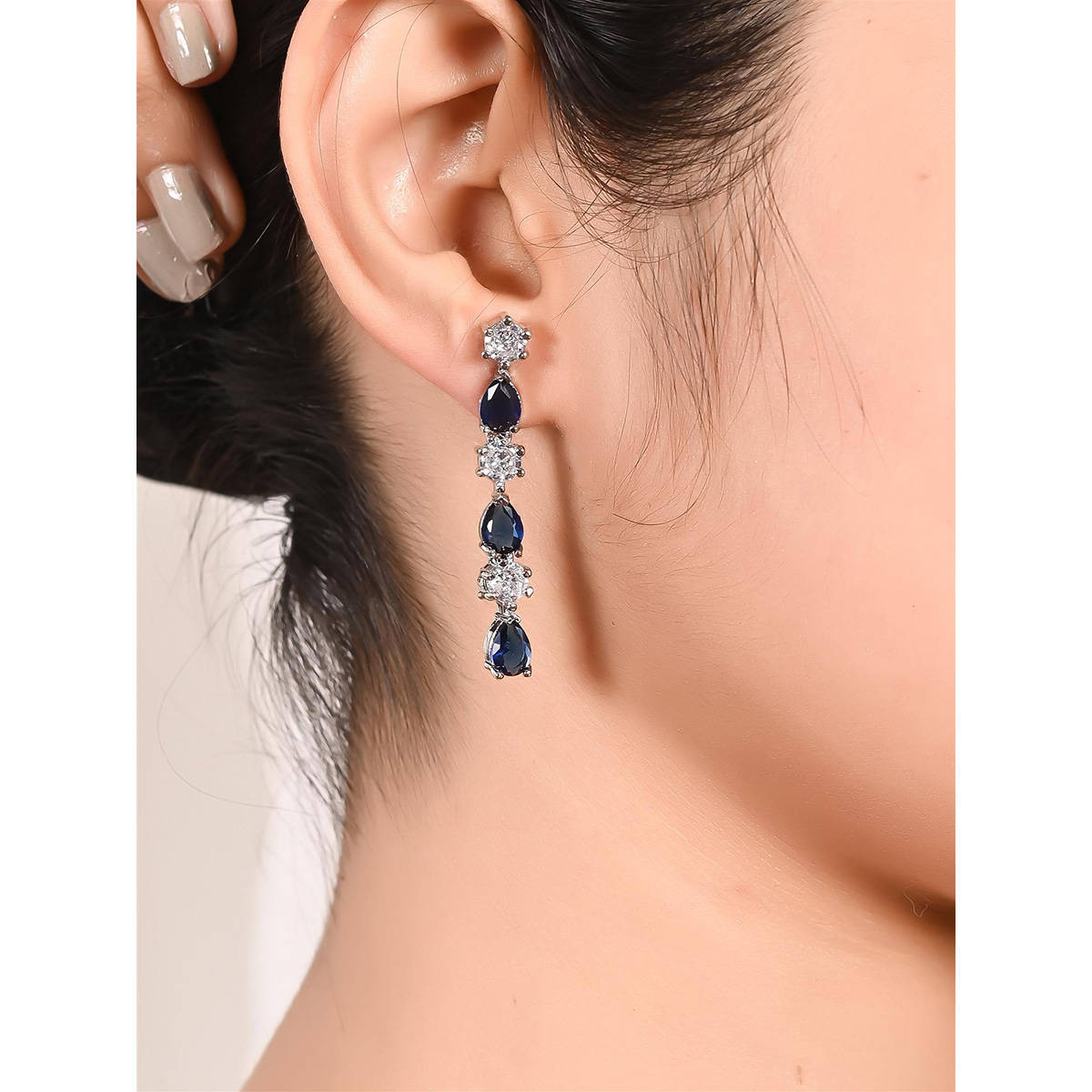 Ratnavali Jewels American Diamond CZ Silver Plated Blue Dangle Drop Earrings
