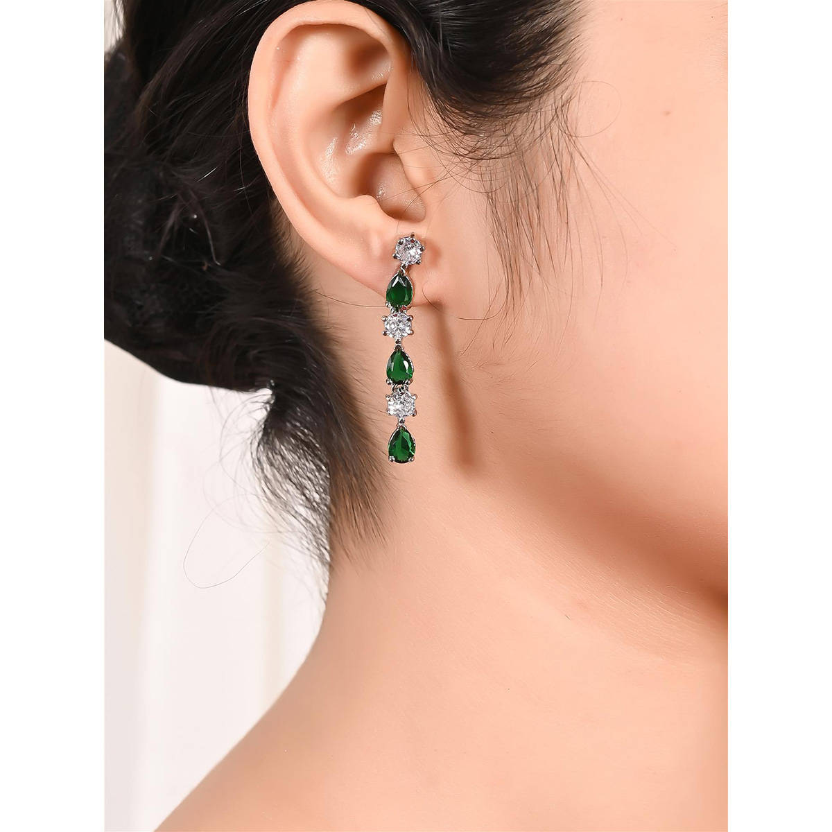 Ratnavali Jewels American Diamond CZ Silver Plated Green Dangle Drop Earrings