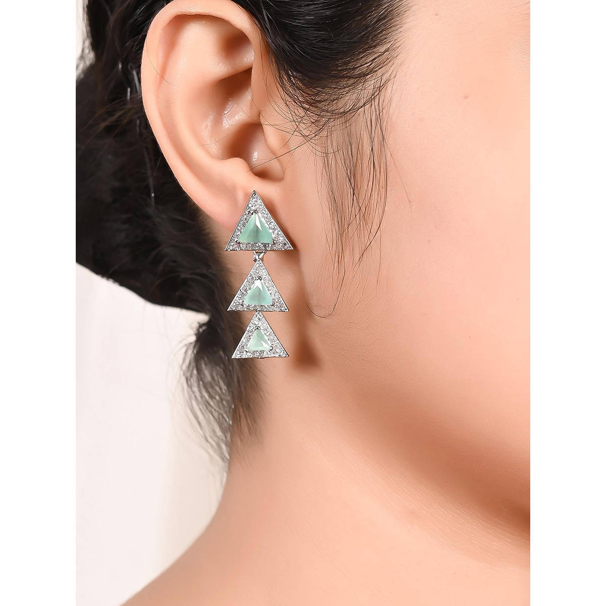 Ratnavali Jewels American Diamond CZ Silver Plated Mint Green Symmetrical Dangle Drop Earrings