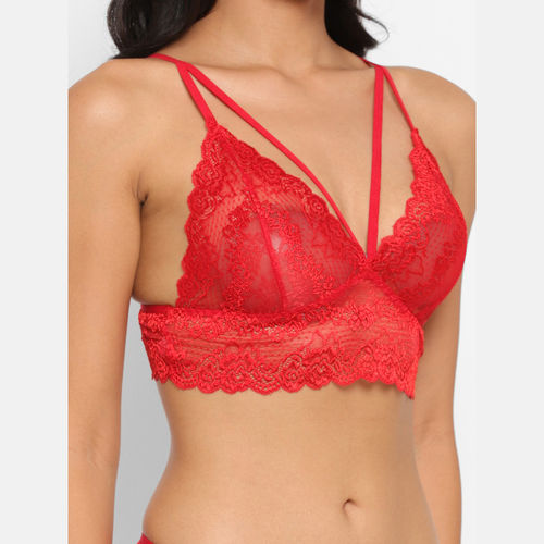 Buy N-Gal Women's Exotic Deep Neck Lace Bra Underwear Lingerie Hipster  Panty Set - Red Online