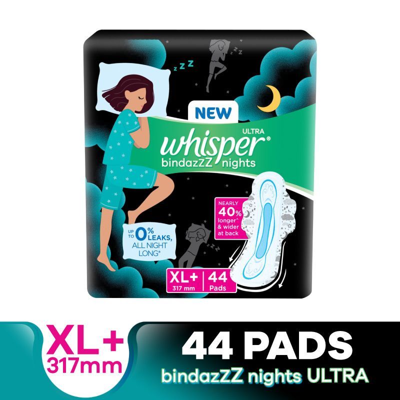 Whisper Bindazzz Night Thin XL+ Sanitary Pads for upto 0% Leaks-40% Longer  with Dry top sheet,44 Pad