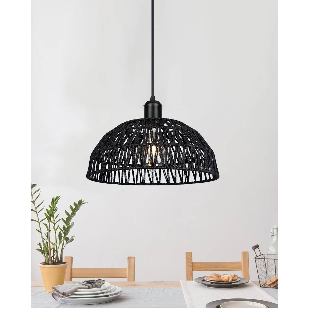 Homesake Woven Boho Macrame Pendant Light,11" Black