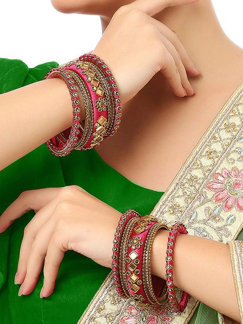 Buy OOMPH Combo of 18 Rani Pink Bridal Chuda Bangle Set Silk