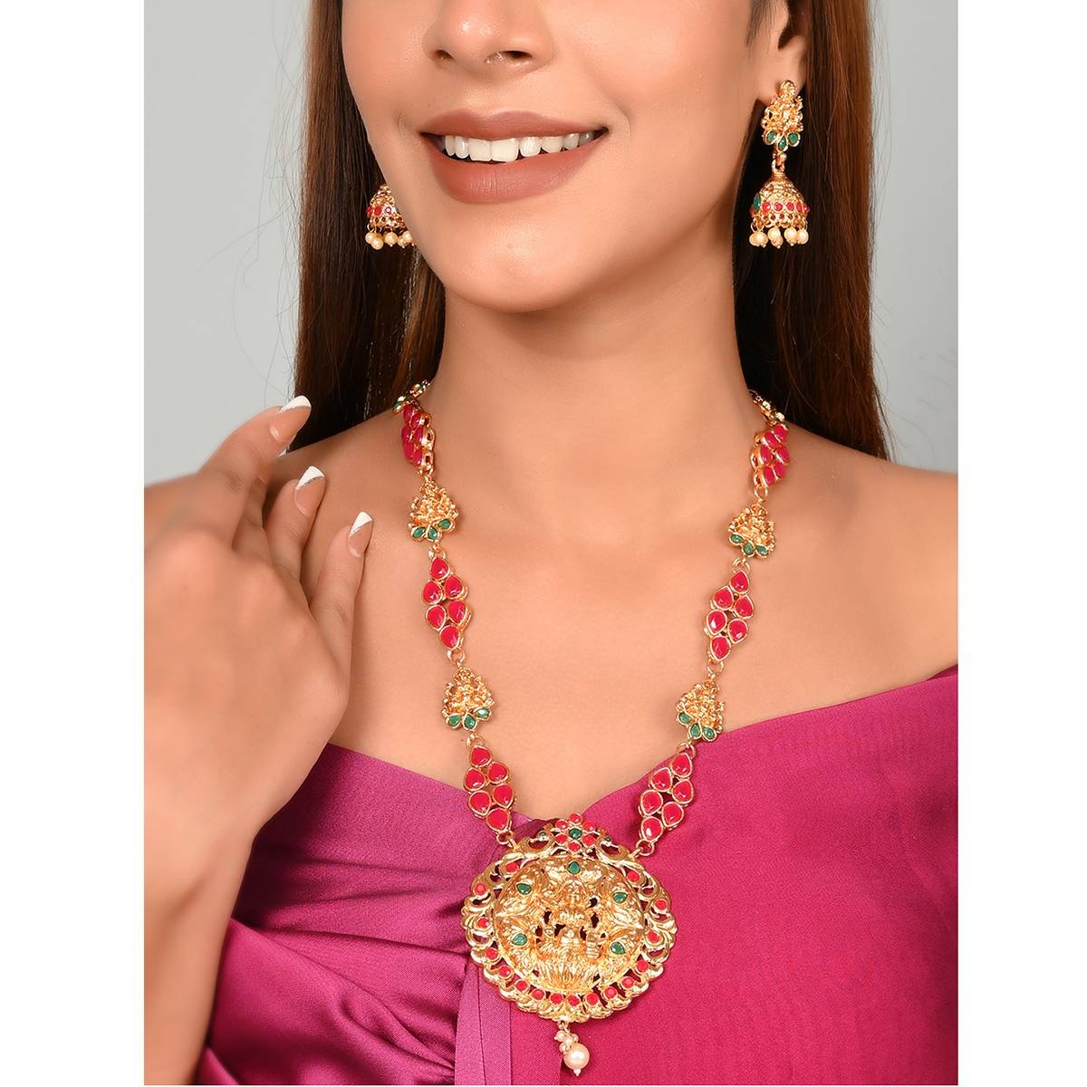 Shoshaa Gold-Plated Handcrafted Red Stone Studded Temple Jewellery Set