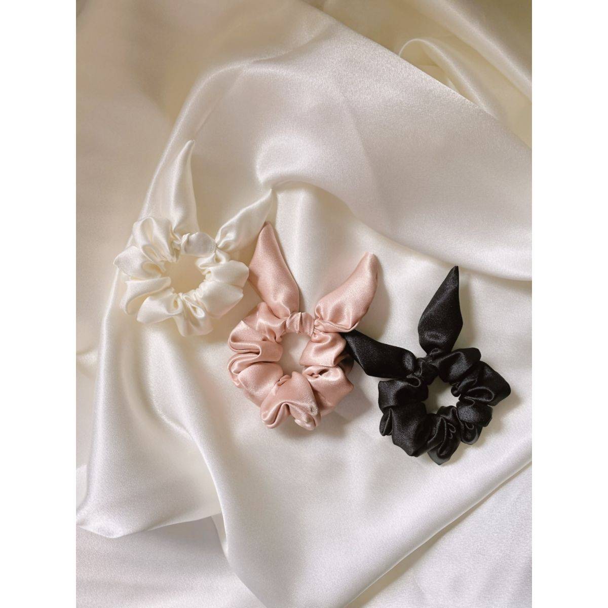 Mueras Bow Tie Knot Scrunchies Ivory White , Rosegold and Black (Pack of 3)